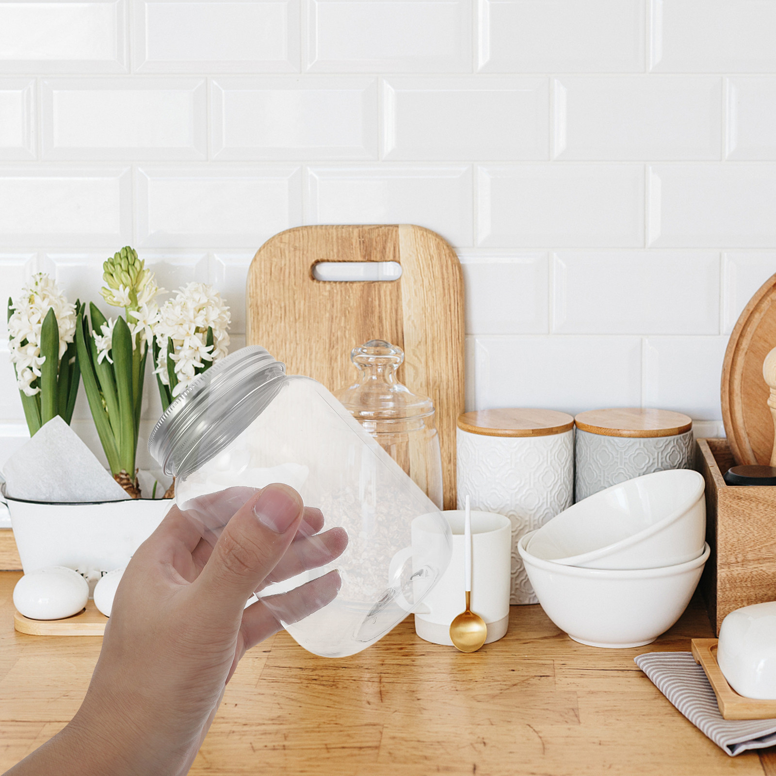 Food Storage Lid - 4개의 투명 플라스틱 병, 밀폐 뚜껑