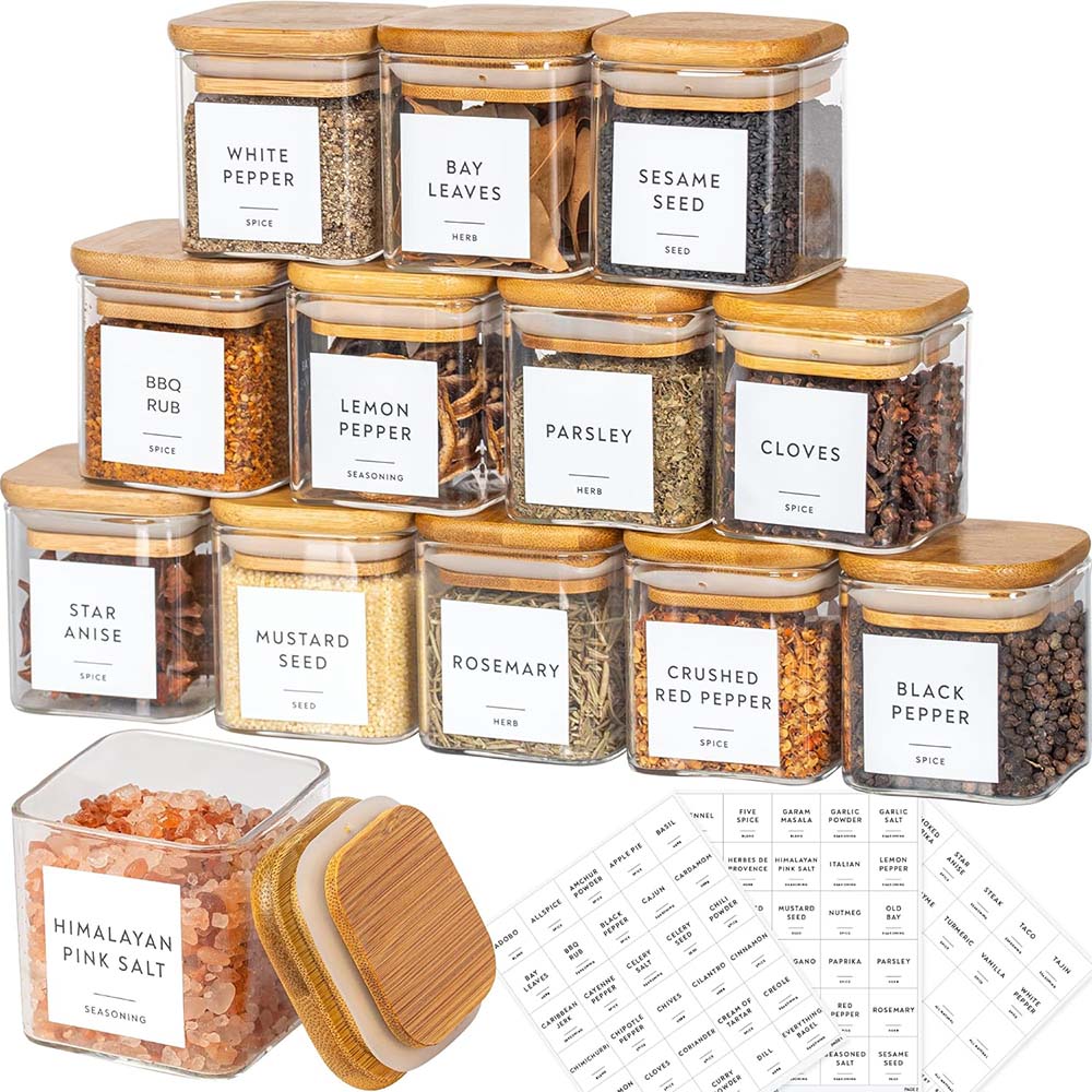 Food Storage Set Glass - 향신료 라벨이 있는 유리 항아리 세트,