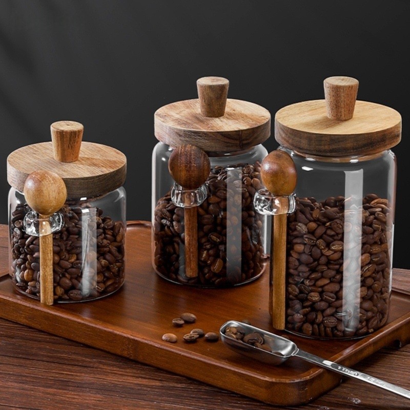 Food Storage Set Glass - ABJI-유리병 나무 뚜껑과 스푼 포함 13&20&30온스