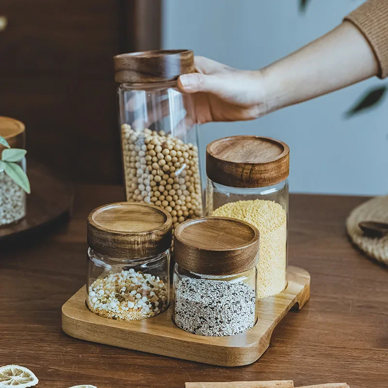 Food Storage Set Glass - 목재 뚜껑 오거나이저 유리 밀폐 용기,