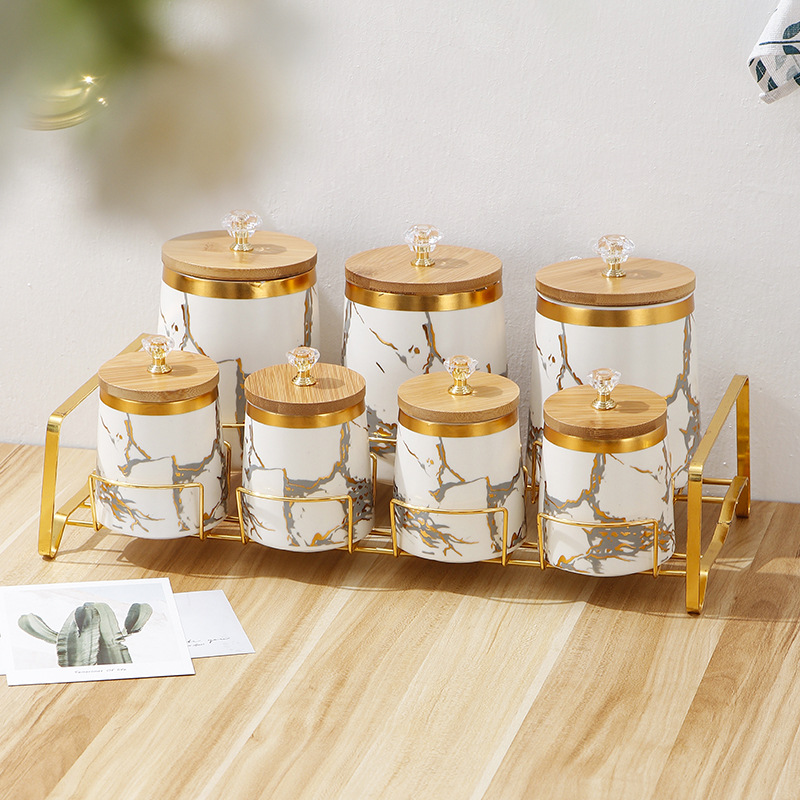 Food Storage Rack For Kitchen - 황금 대리석 질감 밀폐 항아리, 뚜껑이
