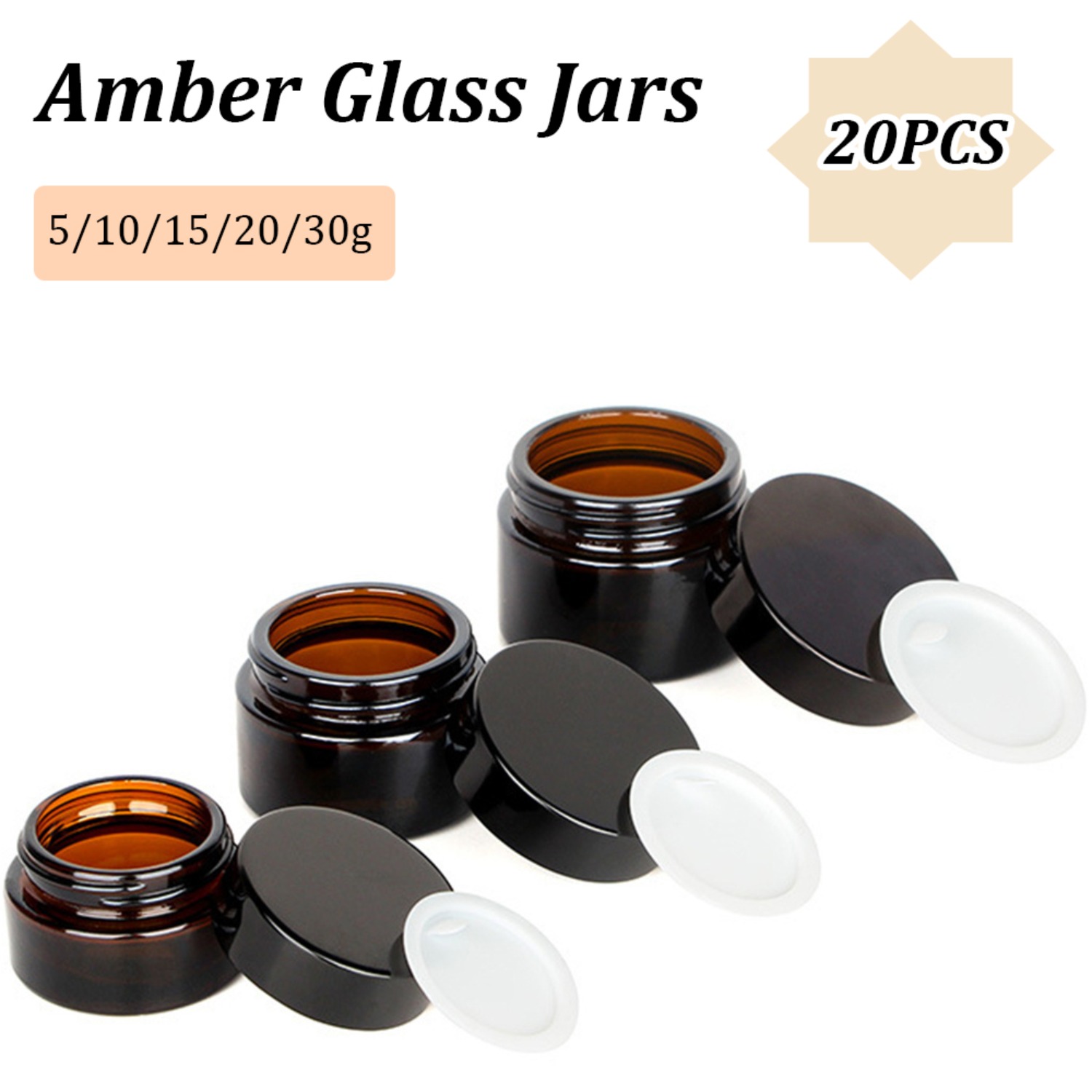 Food Storage Set Glass - 20PCS 검은 뚜껑이있는 작은 앰버 유리