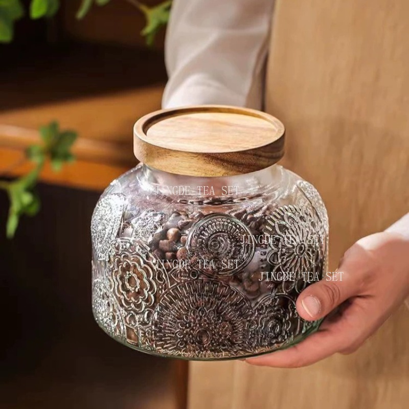 Food Storage Jars With Wooden Lids - 엠보싱 유리 저장 용기 나무 뚜껑